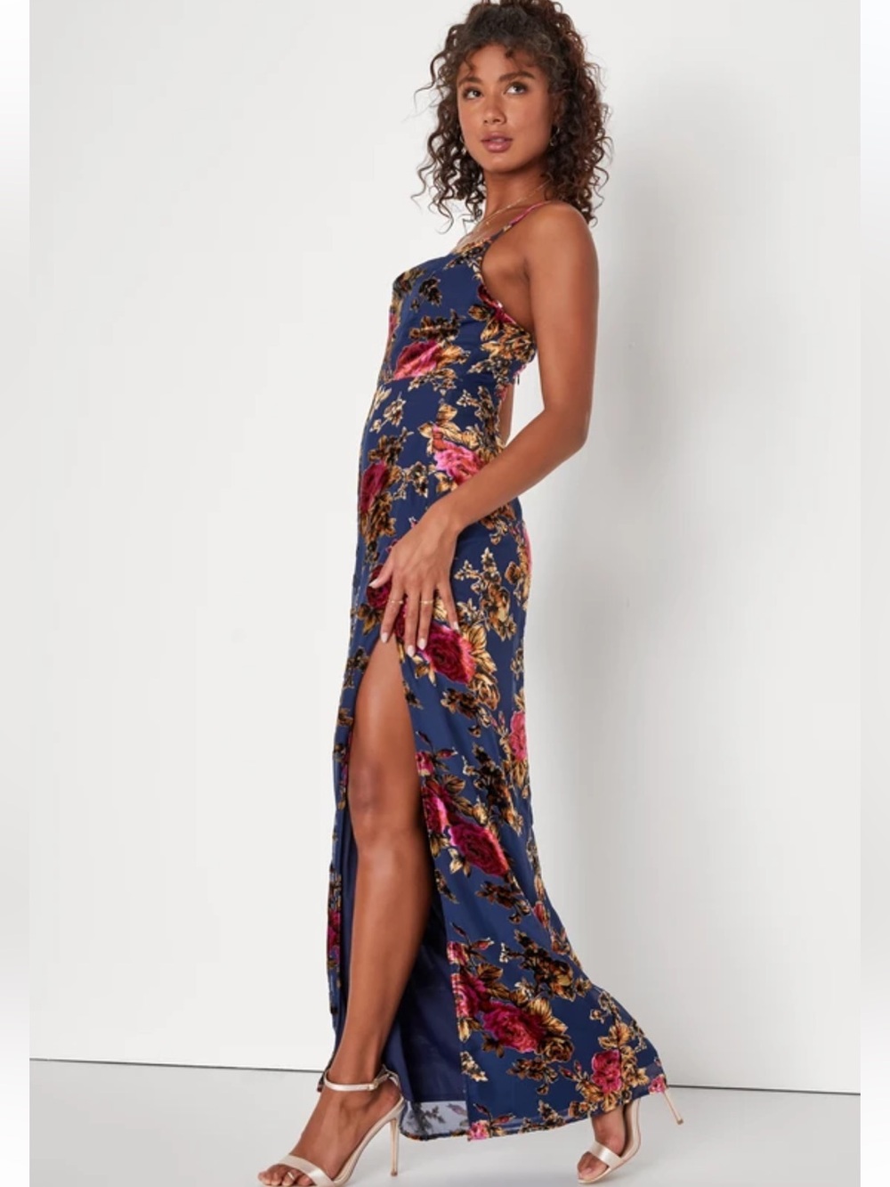 NWT Lulus Chic Romantic Navy Blue Burnout Velvet Floral Cowl Neck Dress - Picture 4 of 8